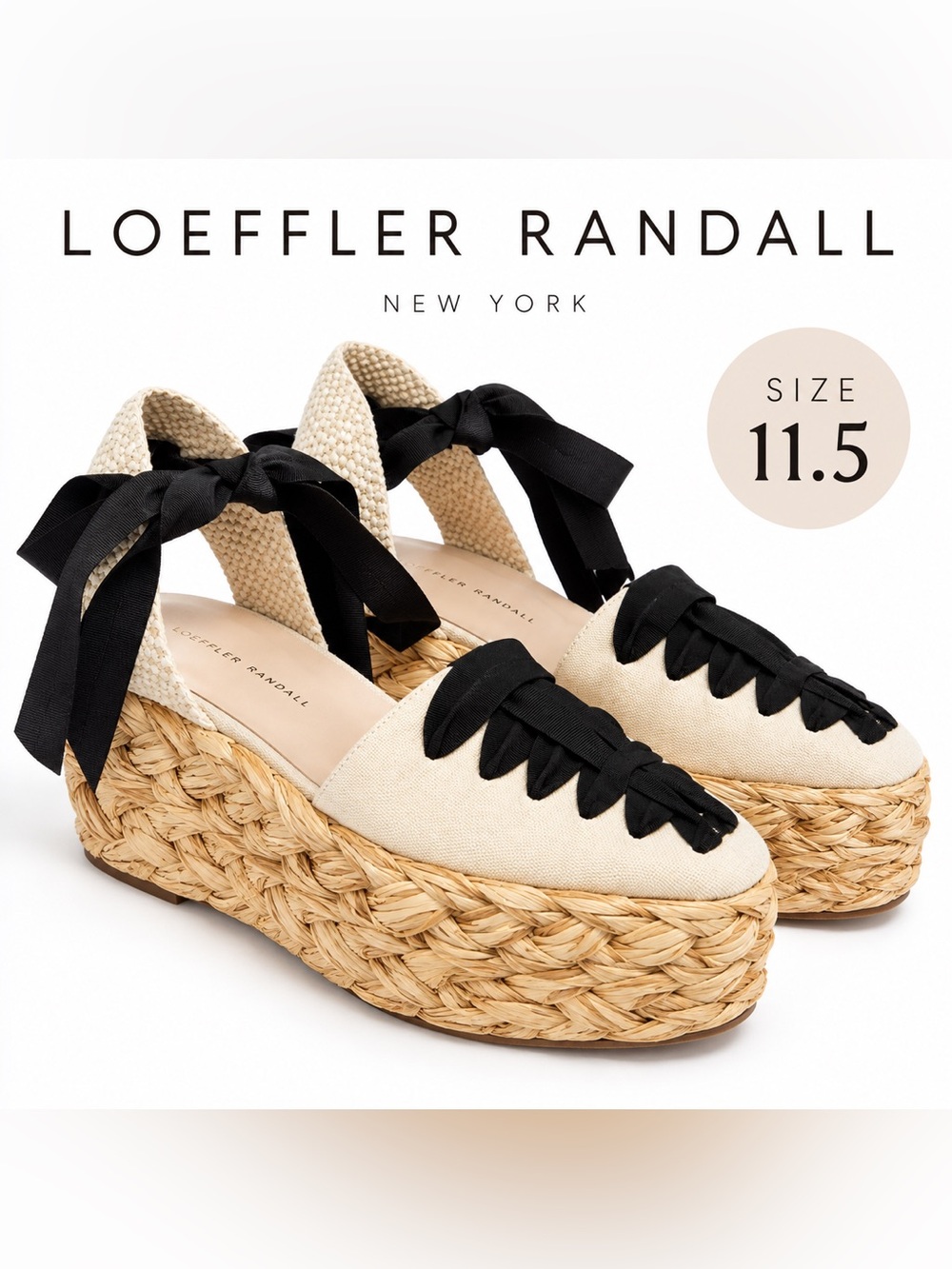 NWT Loeffler Randall Raffia Platform Espadrille Sandals Cream Black 11.5